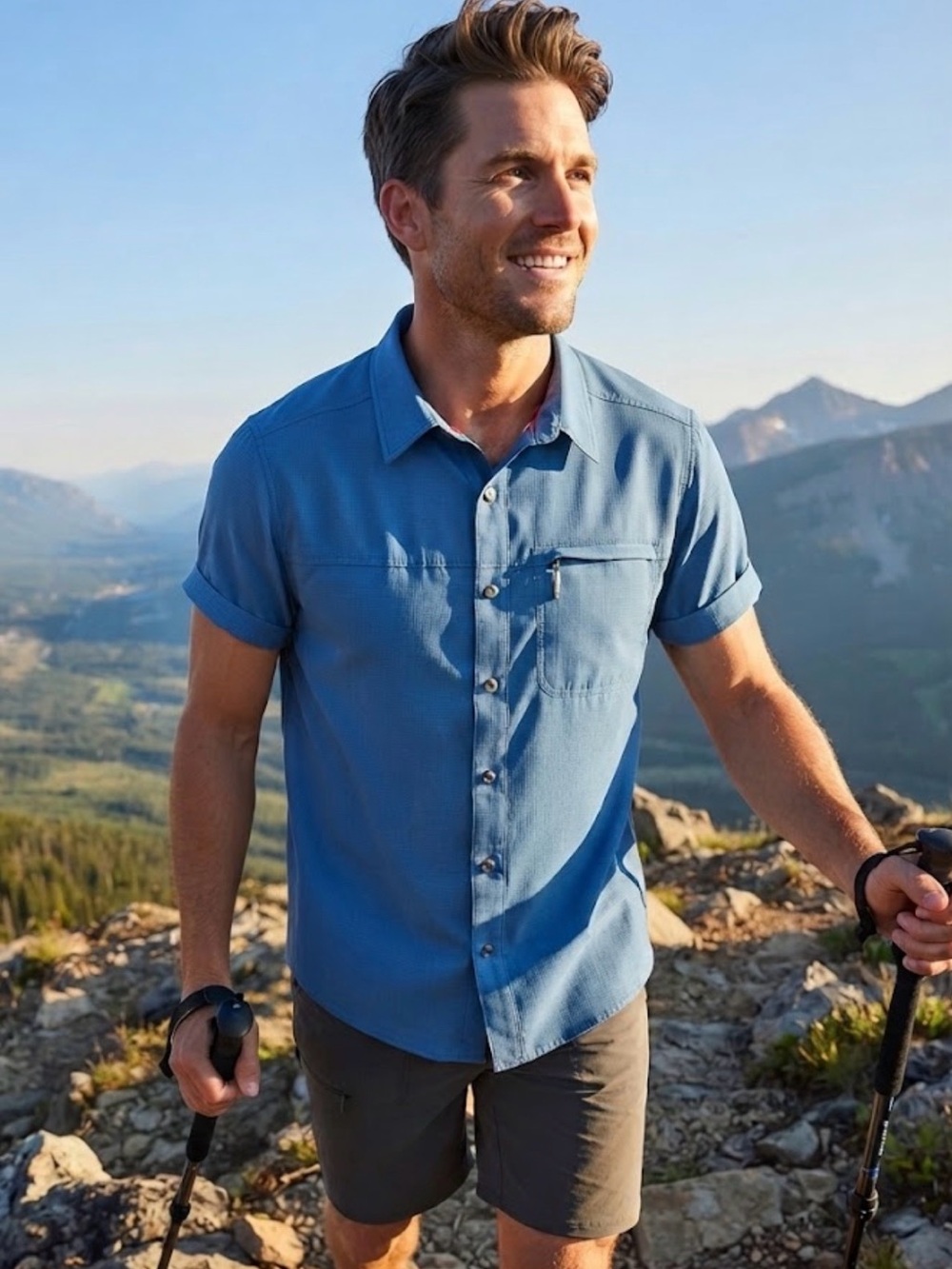 The North Face Blue Short Sleeve Button Down Shirt Mens Large Hiking Camping L